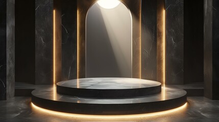 3D rendering of a dark marble podium with golden accents. The podium is set against a dark background with a spotlight shining down from above.