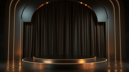 3D rendering of an empty stage with a dark background. The stage is made of black marble and has a golden border.