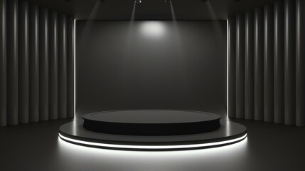3D rendering of a dark and empty stage with a spotlight. The stage is surrounded by black curtains and there is a single spotlight shining down on it.