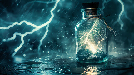 Close-up of a bottle filled with a miniature storm, lightning swirling inside, representing contained chaos - obrazy, fototapety, plakaty