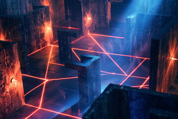 Classic scene of a laser maze toy set, with beams of light crisscrossing in a dimly lit room - obrazy, fototapety, plakaty