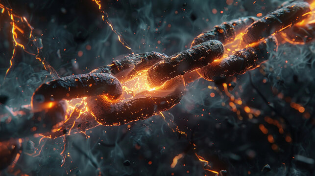 Close-up of a chain being struck by a bolt of energy, each link glowing as if infused with power, ready to break free