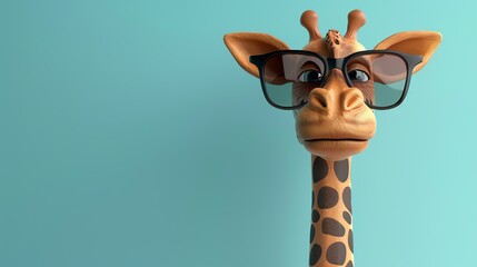 3D rendering of a cartoon giraffe wearing sunglasses. The giraffe is looking at the camera with a curious expression.