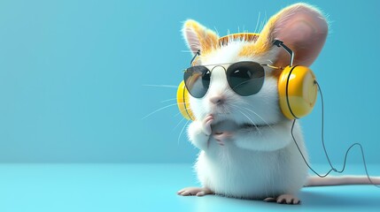 A cute white mouse wearing yellow headphones and sunglasses, looking at the camera with one paw on its chin, against a blue background.