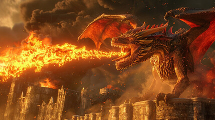 Dramatic depiction of a vividly colored dragon breathing fire, its flames striking the ancient castle walls