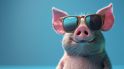 3D rendering of a cute and funny cartoon pig wearing sunglasses.