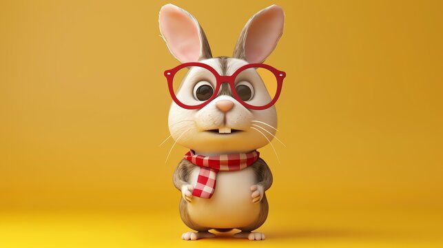 A cute and cuddly cartoon rabbit wearing red glasses and a red and white checkered scarf is standing on a solid yellow background.