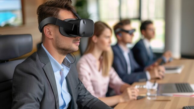 The VR Conference Room. Business professionals are equipped with VR headsets, participating in a virtual reality training session within a modern conference room setting.