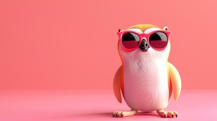 A cute and fluffy owl with big red sunglasses is standing on a pink background. The owl is looking...