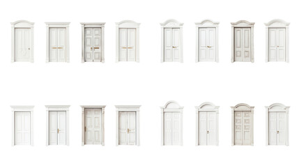 Collection of various white door on transparent background