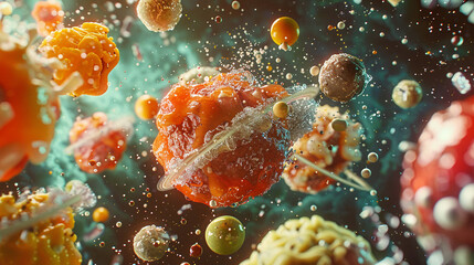 Naklejka premium Dreamy visualization of a meatball planets orbit, with moons made of different types of sauce, each unique in color and texture