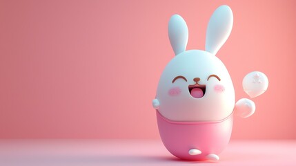 Cute 3D rendering of a happy cartoon rabbit. The rabbit is white with pink accents and has a cheerful expression on its face.