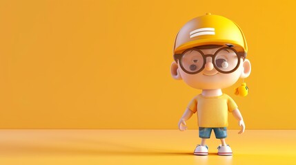 3D rendering of a cute cartoon boy wearing a yellow cap and glasses. He is wearing a yellow shirt...
