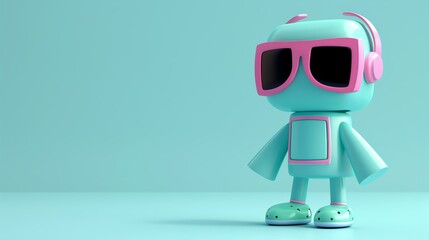 3D rendering of a cute robot wearing sunglasses and headphones. The robot is blue and pink and has a square body.