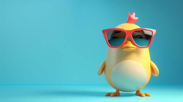 A cute and funny 3D illustration of a baby chicken wearing red sunglasses.