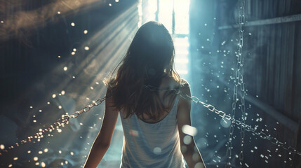 Dynamic portrayal of a teenage girl with chains breaking as she steps into a beam of light, embodying hope and the fight for personal freedom