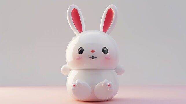 Cute 3D rendering of a white bunny rabbit sitting on a pink surface. The rabbit has pink inner ears and pink feet.