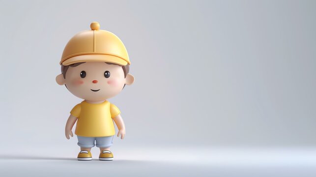 3D rendering of a cute little boy wearing a yellow cap, yellow shirt, gray pants, and white shoes.