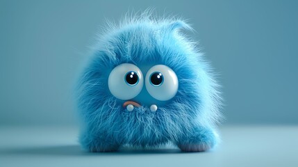 3D rendering of a cute blue cartoon creature with big eyes and a sad expression on its face.