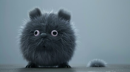 A cute and fluffy gray creature with big eyes and a long tail. It is sitting on a white table and looking at the camera with a curious expression.