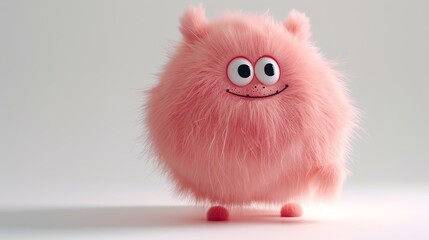 Cute and cuddly pink monster. It has big, round eyes and a friendly smile. It is covered in soft, fluffy fur and has four stubby legs.