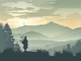 Illustration of a calm highland scene with a lone bagpiper silhouette - obrazy, fototapety, plakaty