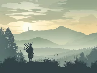 Fototapeten Illustration of a calm highland scene with a lone bagpiper silhouette © pprothien