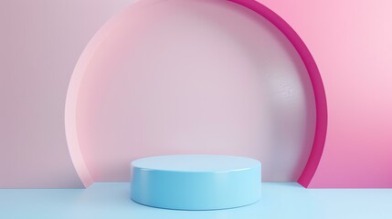 This is a 3D rendering of a simple geometric shape. A blue cylinder sits on a blue plane. There is a pink wall with an archway behind it.