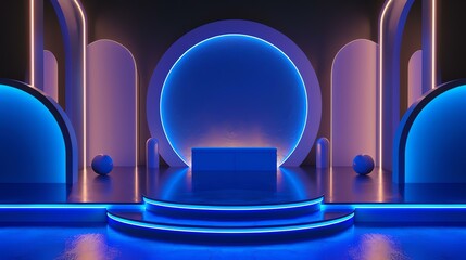 3D rendering of a stage with a podium and a large glowing circle in the background.