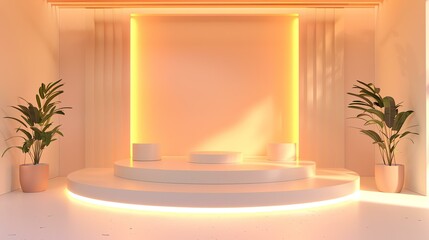 3D rendering of a simple and elegant product display stage with a glowing backdrop and two potted plants.