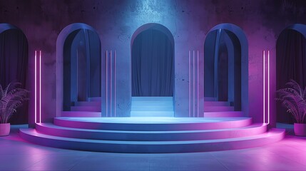A 3D rendering of a stage with a blue and pink neon color scheme. The stage is made of three arches, each with a set of stairs leading up to it. - obrazy, fototapety, plakaty