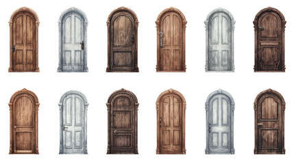 Set of wooden vintage door on transparent background