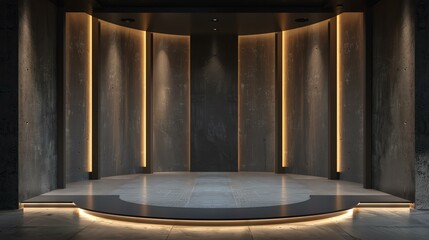 3D rendering of an empty stage. Dark concrete walls with glowing yellow lights. Grunge cement floor with a round platform in the center.