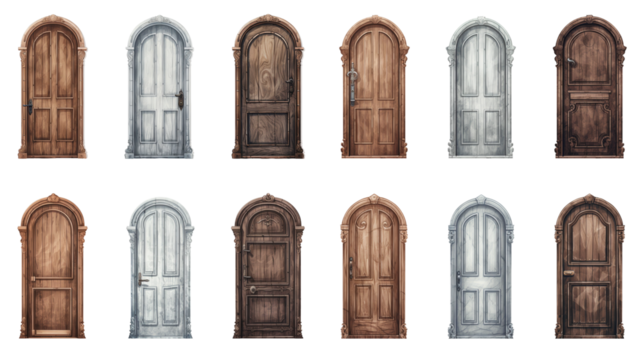Set of wooden vintage door on transparent background