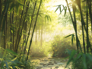 Illustration of a peaceful bamboo grove with light filtering through