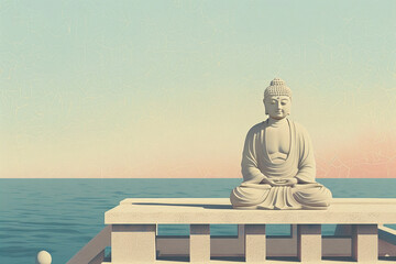 Illustration of a peaceful Zen statue against a backdrop of muted, flat-colored ocean horizon
