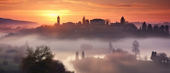 Obraz premium Foggy Sunrise Over Brianza, Como Province, Lombardy, Italy - Canon RF 50mm f/1.2L USM Capture