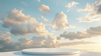 3d rendering of a simple stage with a white round platform lit by a warm sunset and fluffy clouds in the background. - obrazy, fototapety, plakaty