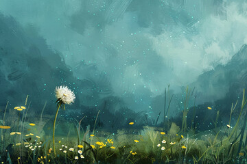 Illustration of a serene meadow with a single dandelion - obrazy, fototapety, plakaty