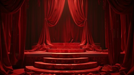 A red curtain stage with a spotlight. The stage is empty and has a few steps leading up to it. The curtains are pulled back and the spotlight is on. - obrazy, fototapety, plakaty