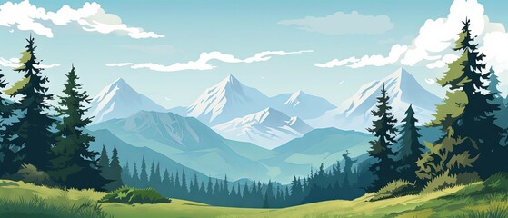 Serene Forest Landscape: Majestic Mountains and Lush Trees, Vector Illustration by Canon RF 50mm f/1.2L USM