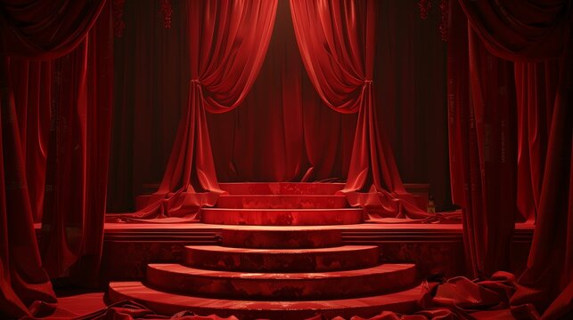 A red curtain stage with a spotlight. The stage is empty and has a few steps leading up to it. The curtains are pulled back and the spotlight is on.
