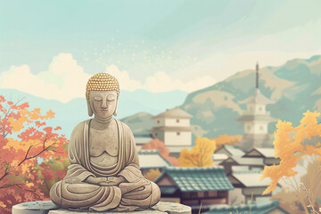Illustration of a serene Zen statue with a background of soft, muted colors of a quiet village