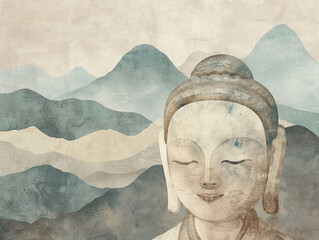 Illustration of a serene Zen statue with a background of soft, muted pastel mountains
