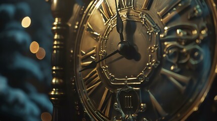 A close-up of a golden clock with intricate details. The clock is surrounded by a soft, warm light.