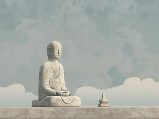 Illustration of a serene, stone Zen statue with a minimalist, muted gray sky behind