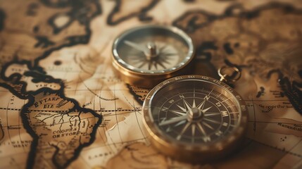 A close-up image of a vintage compass on top of an old world map. The compass is made of brass and has a beautiful patina.