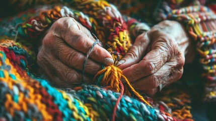 Close-up of an elderly woman's hands knitting a colorful scarf.