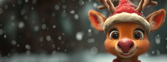 Funny portrait of a reindeer with red scarf in winter. Created with Generative AI. - obrazy, fototapety, plakaty