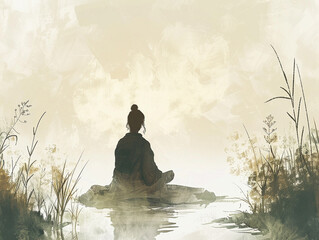 Illustration of a tranquil Zen figure with a soft, muted palette of early morning mist